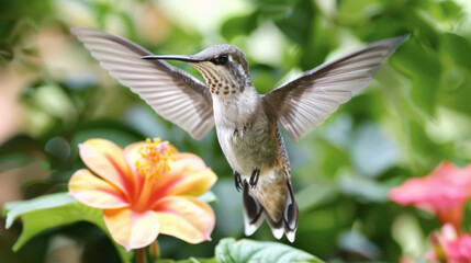 Fototapeta premium A hummingbird hovers in mid-air over a bright orange and yellow flower