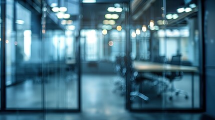 Beautiful, blurred background of modern office interior in gray tones with glass windows, glass partitions.