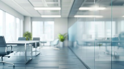 Beautiful, blurred background of modern office interior in gray tones with glass windows, glass partitions.