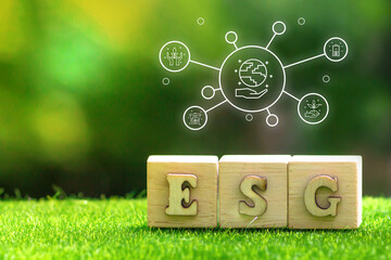 ESG (Environmental, Social, and Governance) with wooden blocks spelling "ESG" on lush green grass. Above, interconnected icons symbolize sustainability and social responsibility. 