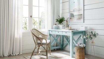 Coastal Chic Home Office with Light Blue Desk