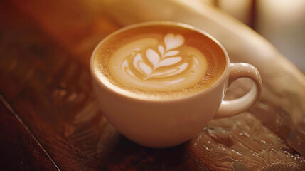 A close-up of a white ceramic mug filled with a creamy latte art, sitting on a warm wooden surface