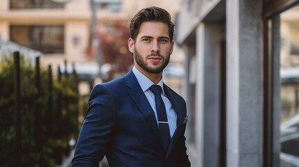 Fototapeta premium Proud Young Businessman in a Suit, Age 25, Exuding Strength and Confidence in Professional Office Environment