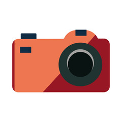 Retro camera in flat style. Old camera with strap. Vector illustration. Vintage Camera image. Isolated on white background