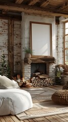 Obraz premium Cozy 3D Rendered Cottage Interior with Framed White Background Warm Wooden Accents Rustic Fireplace Soft Textiles and Natural Light Filtering Through Windows for a Peaceful Atmosphere