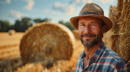 Fototapeta premium A smiling farmer stands in a field of hay with a hay bale behind him. The sun shines brightly overhead