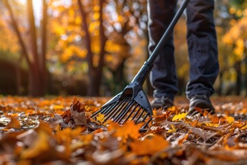 man with a fan rake picking up fallen leaves in autumn. ai generative