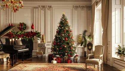 Fototapeta premium Christmas Decor in a Grand Room with a Piano