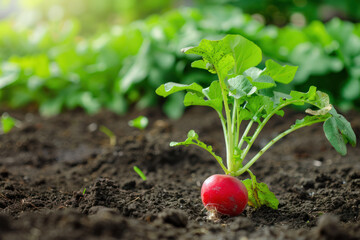 A close-up image of a single red radish growing in a garden bed. The radish is surrounded by rich, dark soil and lush green foliage. The sun shines brightly, casting a warm glow on the scene