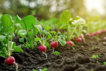 A close-up image of radishes growing in a garden bed with rich, dark soil. The radishes are in various stages of maturity, and the bright red tops peek out from the green foliage