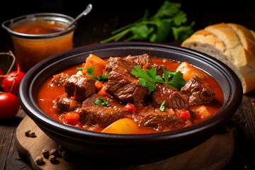 Beef stew with vegetables and herbs in a pot on a black background