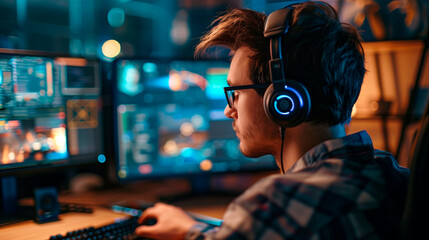 Portrait of a man developing a video game in a high-tech studio.