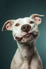 Obraz premium White pitbull with a brown nose, smiling at the camera against a teal background in the style of studio photography. 