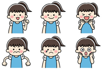 小さな女の子のいろいろな表情のアイコンイラストセット