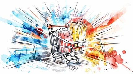 Colorful Shopping Cart Explosion Art - Vibrant Illustrative Shopping Experience in Watercolor
