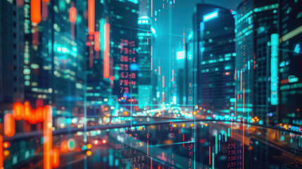 Futuristic cityscape with digital stock market data overlays and lights at night