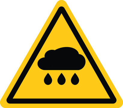 Heavy rain warning icon. Torrential rain hazard sign. Intense rainfall warning. Yellow triangle atorm alert symbol. flat style.