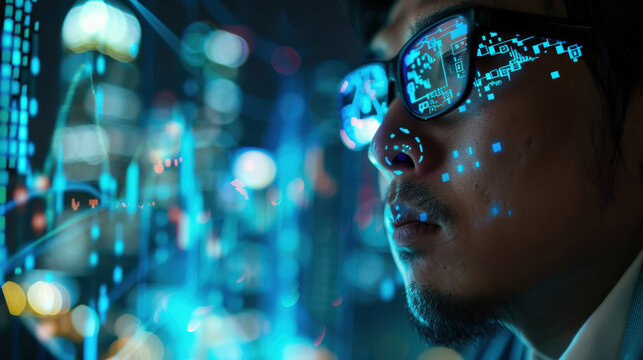 Close-up of man with augmented reality glasses analyzing data in futuristic cityscape at night