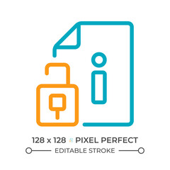Information access two color line icon. Open source of information. Digital file. Document and open padlock bicolor outline symbol. Duotone linear pictogram. Isolated illustration. Editable stroke