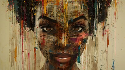 Fototapeta premium Serene African Woman Portrait with Graffiti Inspired Tapestry Backdrop in Mixed Media Urban Artwork