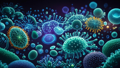 体内で動き回るいろいろな種類の細菌群の顕微鏡イメージ