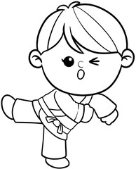 cute cartoon Taekwondo boy sport character illustration for coloring page