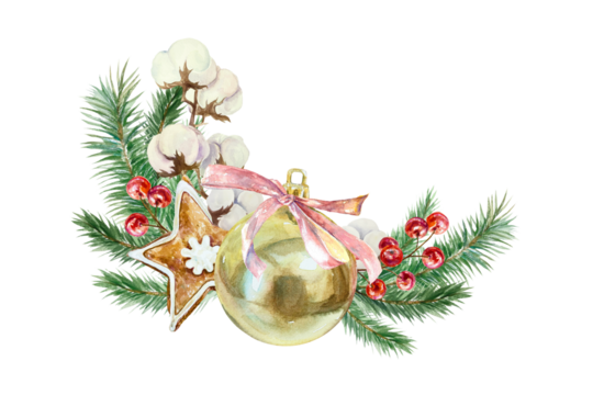 Golden ball, Christmas tree toy, fir branches, cotton sprig, berries, ginger cookies. Hand drawn watercolor illustration isolated on white. For New Year cards, invitations, labels, banners, posters.