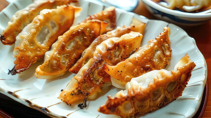 Crispy pan-fried gyoza dumplings on plate, close-up shot of delicious Japanese cuisine