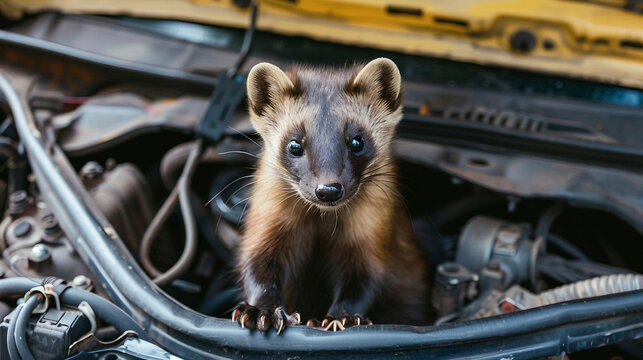 Marder beisst in Kabel. Marder im Motorraum eines Autos.