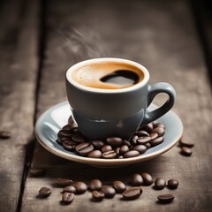 Fototapeta premium Cup of hot coffee and coffee beans on wooden table 