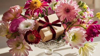 Beautiful flowers and gift box with ribbon