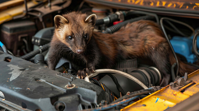 Marder beisst in Kabel. Marder im Motorraum eines Autos.