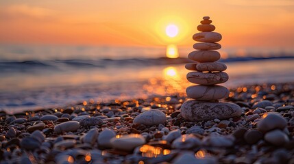 Obraz premium Artistic arrangement of stones in pyramid shape on pebble beach at sunset