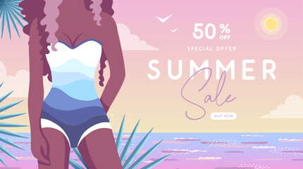 Retro flat summer big sale poster with beautiful girl in swimsuit on beach background. Vector illustration