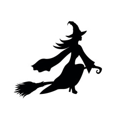 witch on a broomstick, vector black silhouette, halloween symbol