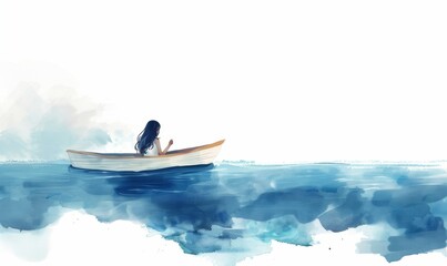 A girl is in a small boat in the ocean Digital illustration, white background