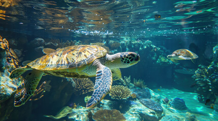 Fototapeta premium Sea turtles swimming underwater in a colorful coral reef