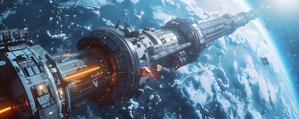 Futuristic Space Elevator Connecting Earth to Orbital Station Bustling with Interplanetary Traffic and Transport