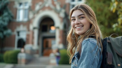Fototapeta premium A young woman with a backpack smiles brightly in front of a building. 
