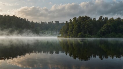 Fototapeta premium A misty morning scene over a tranquil lake ai_generated