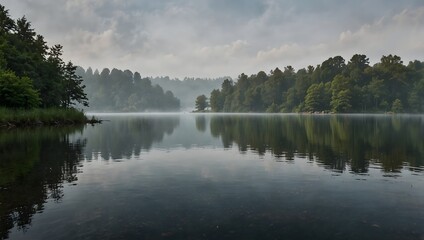 Fototapeta premium A misty morning scene over a tranquil lake ai_generated