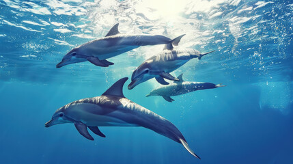 Obraz premium Group of Dolphins Swimming Underwater in Clear Blue Ocean with Sunlight Filtering Through