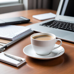 A steaming mug of coffee sits beside an open laptop on a busy office desk Generative AI