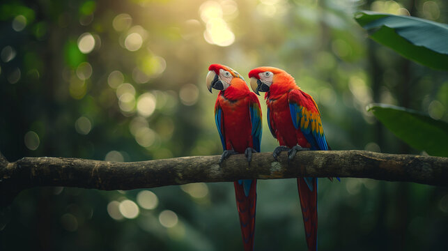 Tropical parrots sitting on a tree branch in the rainforest	
