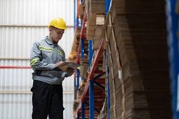 Male warehouse worker working and inspecting quality of material in warehouse storage. Male warehouse worker inspecting quality of barcodes on shelves pallet in warehouse