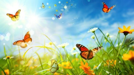Fototapeta premium Butterflies flying over grass and flowers nature abstract background