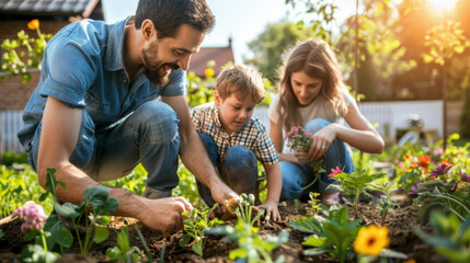 Family gardening together in a sunny backyard, planting flowers and vegetables