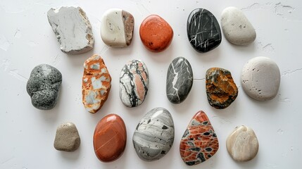 Naklejka premium Collection of assorted natural stones displayed on a clean white surface