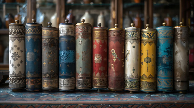 
Close-up of illuminated Torah scrolls