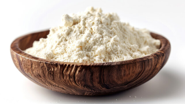 A close-up shot of raw arrowroot flour in a wooden bowl on a white background